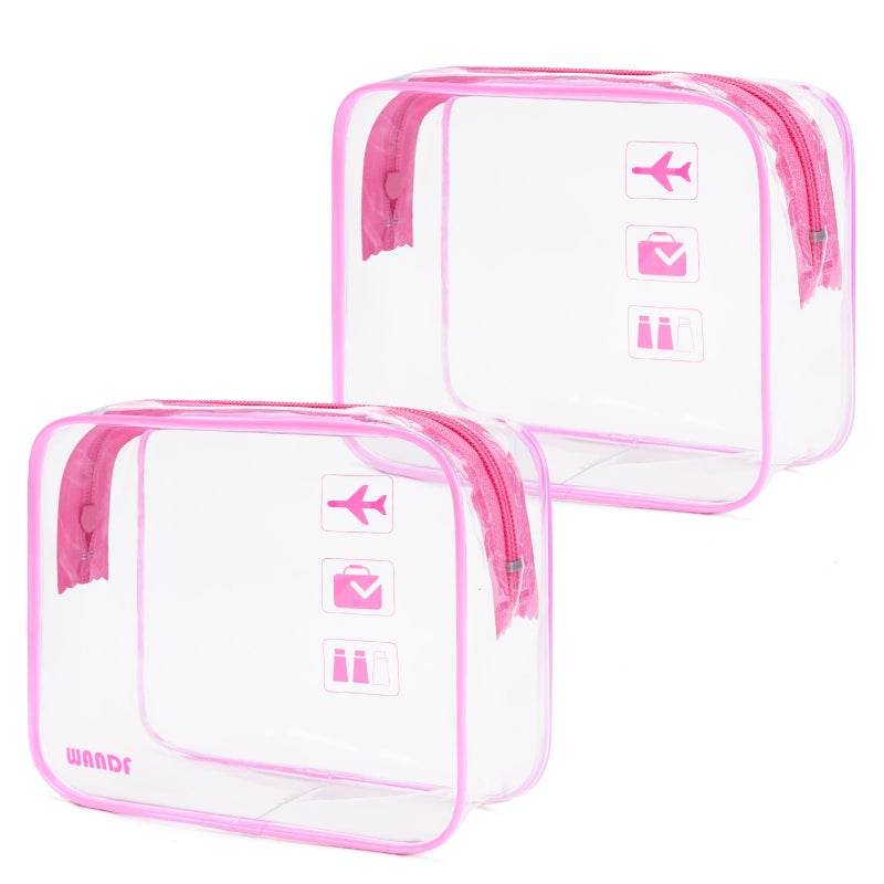 WANDF TSA Approved Clear Travel Toiletry Bag wih Zippers Carry-on Travel Accessories Quart Size Toiletries Cosmetic Pouch Makeup Bags for Men and Women (2pcs Pink) - Image 1